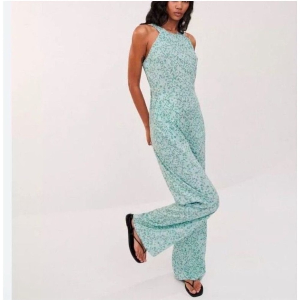 Zara Green Blue Floral Linen Blend High Neck Jumpsuit Xs